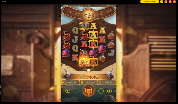 Tela do jogo Wild Bounty Showdown com grade 3-4-5-5-4-3 montada sobre porta de saloon, multiplicador x16 vis&iacute;vel no topo e s&iacute;mbolo scatter em destaque na base. 